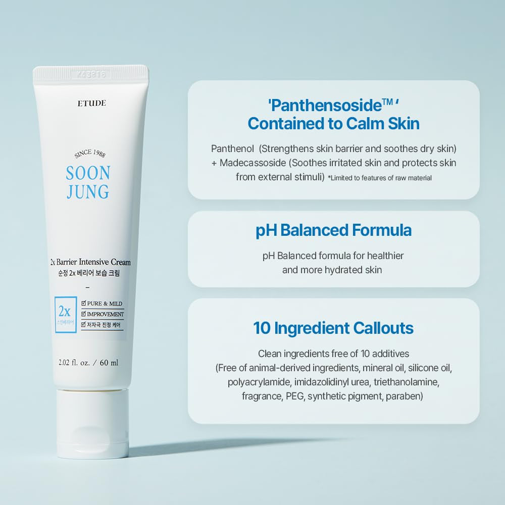 Soonjung 2X Barrier Intensive Cream 60Ml (21AD) | Hypoallergenic Shea Butter Hydrating Facial Cream for Sensitive Skin, Water-Oil Balance & Panthenol for Damaged Skin | Korean Skin Care
