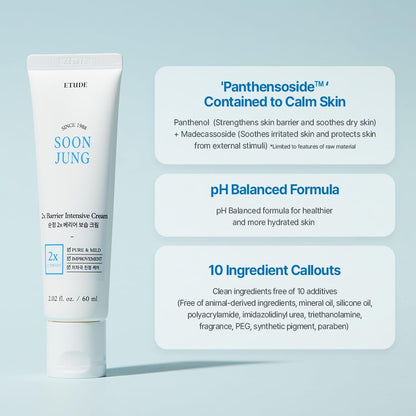 Soonjung 2X Barrier Intensive Cream 60Ml (21AD) | Hypoallergenic Shea Butter Hydrating Facial Cream for Sensitive Skin, Water-Oil Balance & Panthenol for Damaged Skin | Korean Skin Care